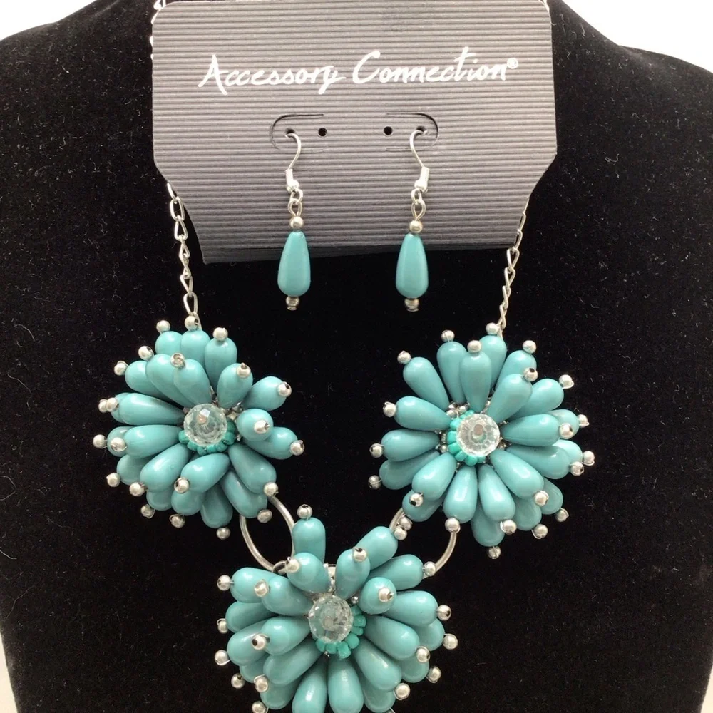 Accessory Connection Teal Floral Beaded Statement Matinee Necklace & Earring Set